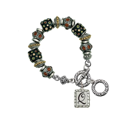 Silvertone Pebble Border Initial - Q Fall Crystal Bead Charm Bracelet
