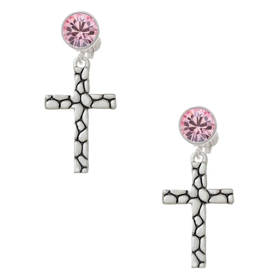 Delight Jewelry Silvertone Pebble Cross Pink Crystal Clip on Earrings
