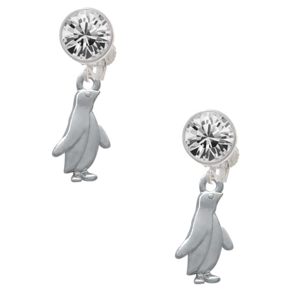 Silvertone Penguin Clear Crystal Clip On Earrings