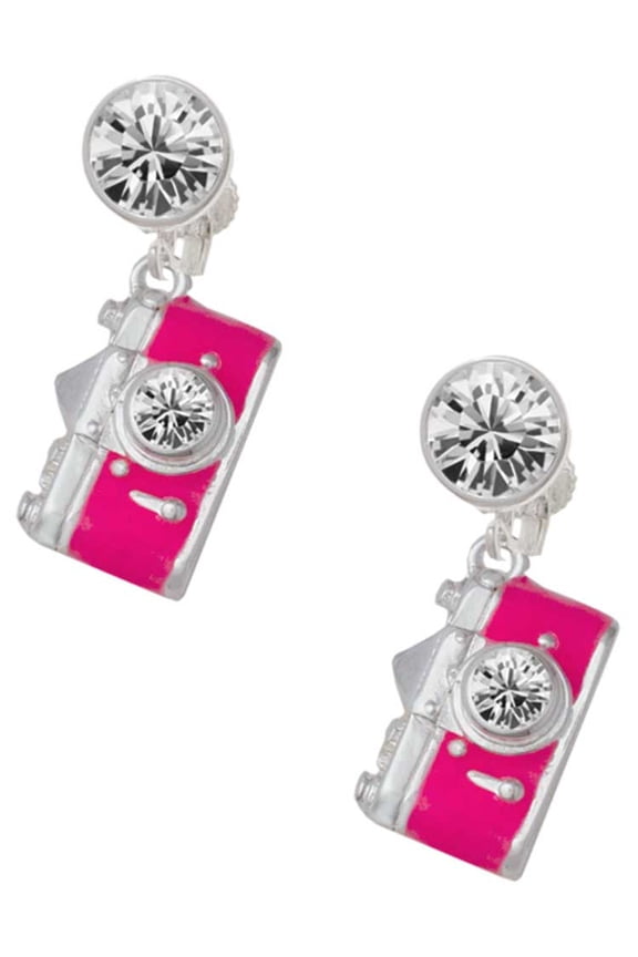 Silvertone Pink Camera Clear Crystal Clip On Earrings