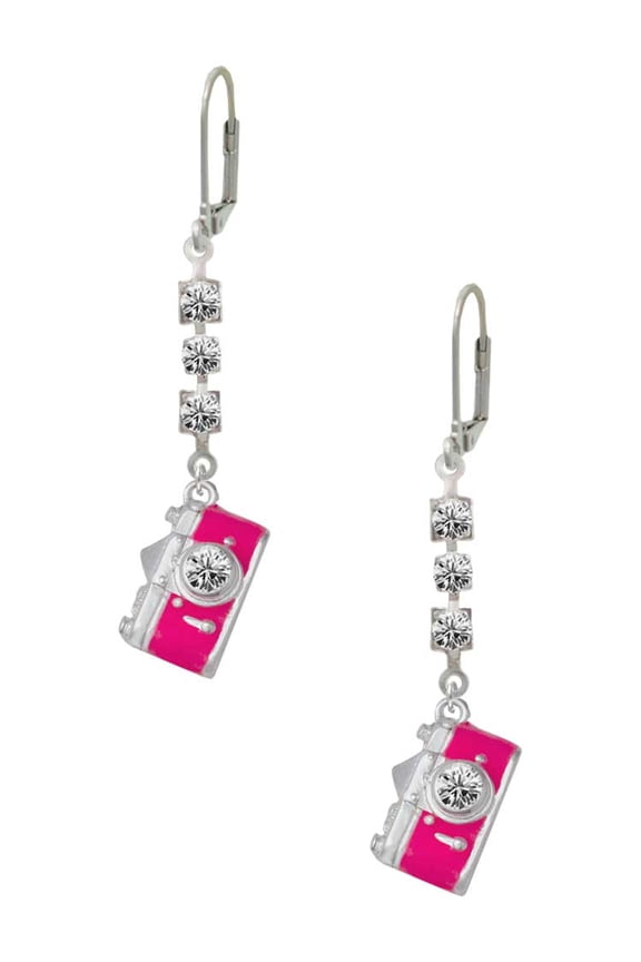Silvertone Pink Camera Crystal Madison Leverback Earrings