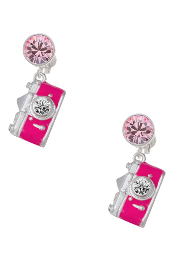 Silvertone Pink Camera Pink Crystal Clip on Earrings