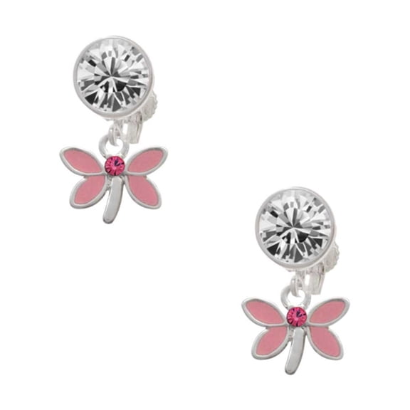 Silvertone Pink Dragonfly with Crystal Clear Crystal Clip On Earrings