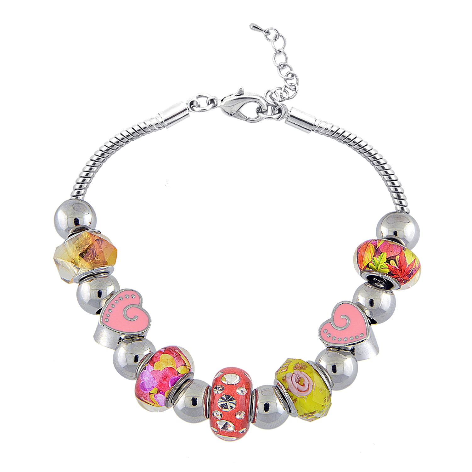 Silvertone Pink Mix Glass Beads Bracelet  and Extender, 7.5"