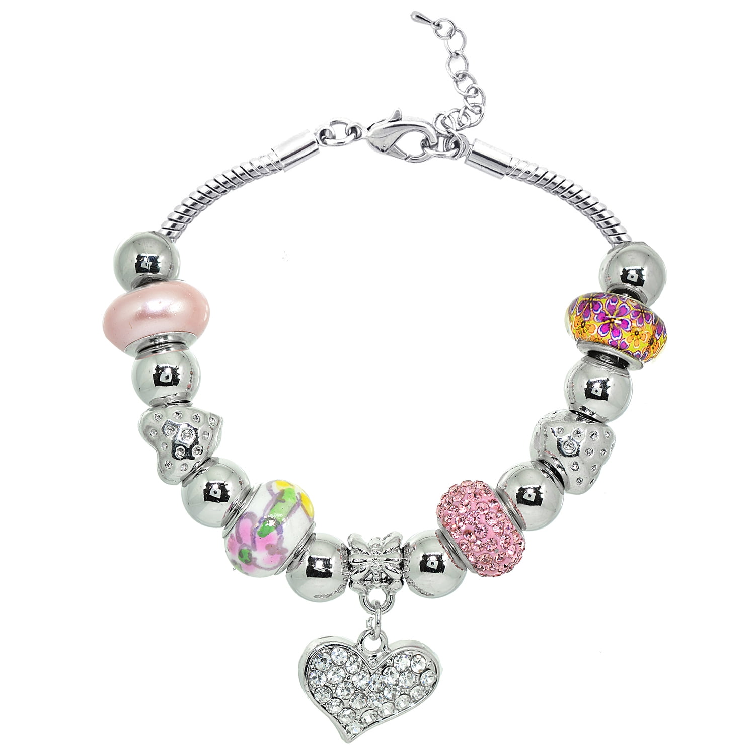 Silvertone Pink Mix Glass Beads Bracelet with Dangling Heart and Extender, 7.5"