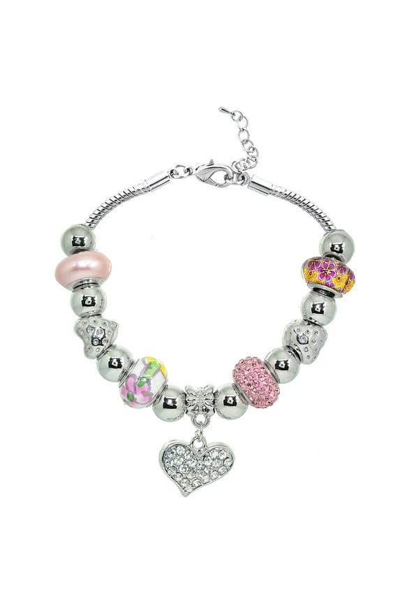 Silvertone Pink Mix Glass Beads Bracelet with Dangling Heart and Extender, 7.5"