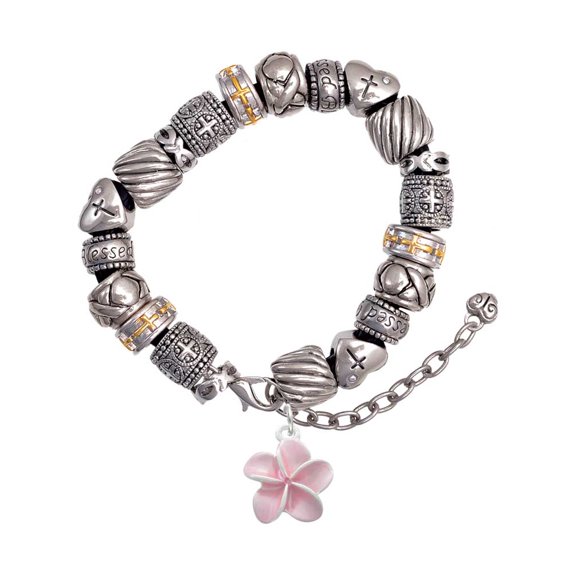 Silvertone Pink Plumeria Flower Silver Tone Christian Bead Bracelet
