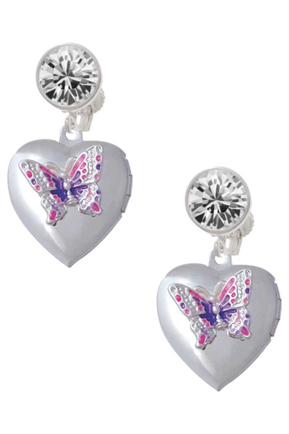 Silvertone Pink & Purple Butterfly Locket Clear Crystal Clip On Earrings