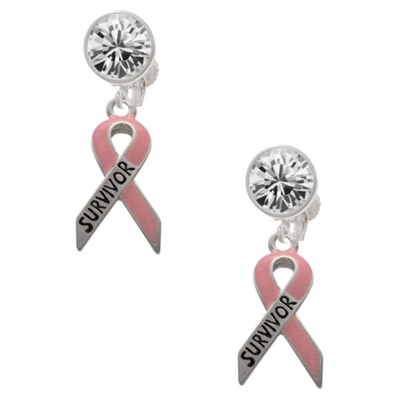 Silvertone Pink Ribbon ''Survivor'' Clear Crystal Clip On Earrings