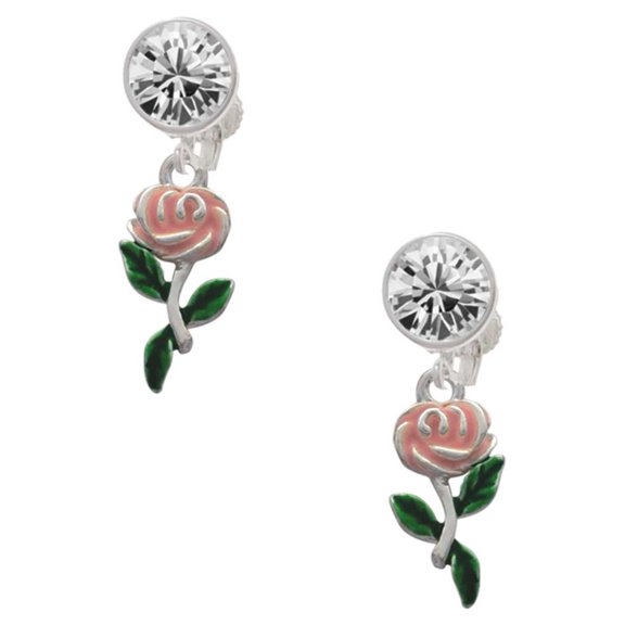 Silvertone Pink Rose Flower Clear Crystal Clip On Earrings