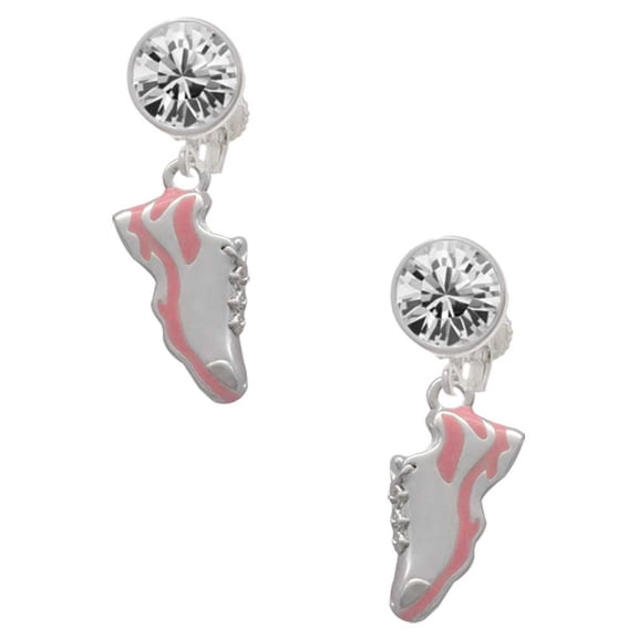 Silvertone Pink Running Shoe Clear Crystal Clip On Earrings