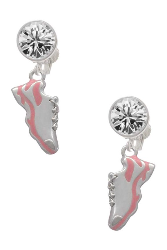 Silvertone Pink Running Shoe Clear Crystal Clip On Earrings