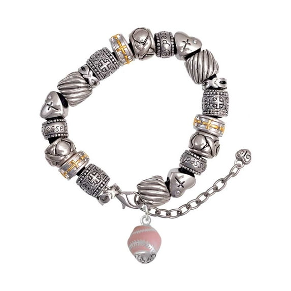 Silvertone Pink Softball with Stitching Spinner Silver Tone Christian Bead Bracelet