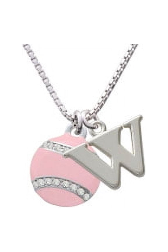 Silvertone Pink Tennis Ball with Clear Crystals Capital Initial W Necklace