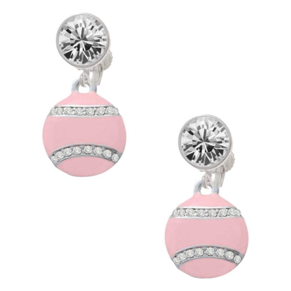 Silvertone Pink Tennis Ball with Clear Crystals Clear Crystal Clip On Earrings
