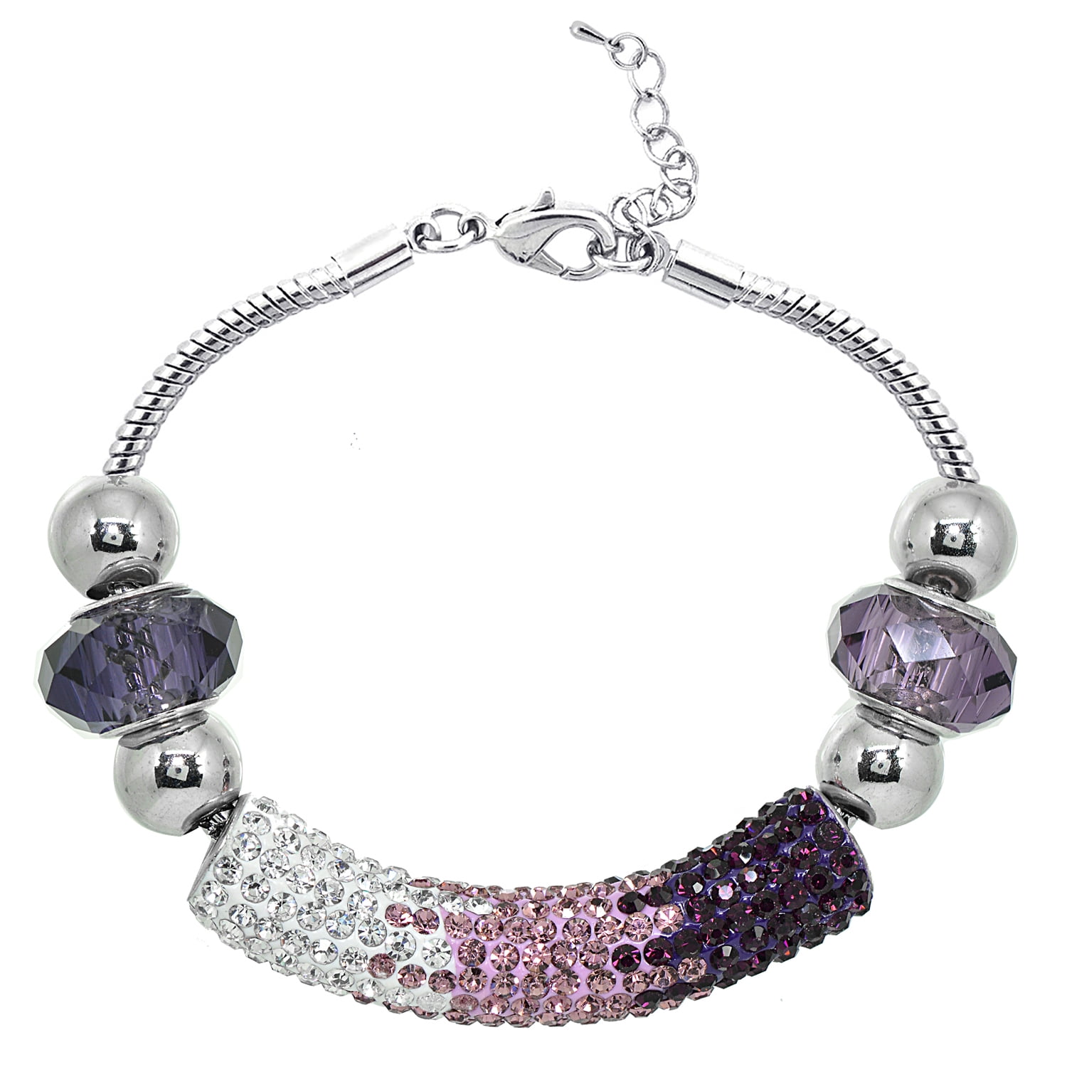 Silvertone Pink and Purple Crystal & Glass Bar Bead Charm Bracelet