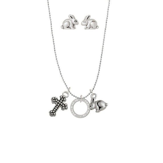 Silvertone Psalm 46:10 Eternity Ring Silver Tone Cross and Bunny Necklace and Earrings Set