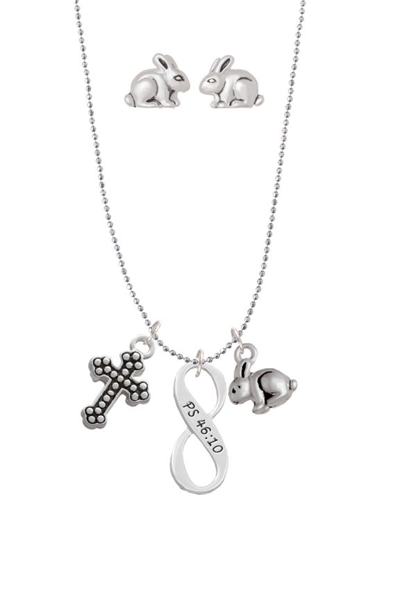 Silvertone Psalm 46:10 Infinity Sign Silver Tone Cross and Bunny Necklace and Earrings Set