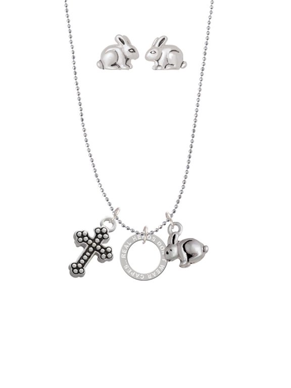 Silvertone Real Heroes Teach Eternity Ring Silver Tone Cross and Bunny Necklace and Earrings Set