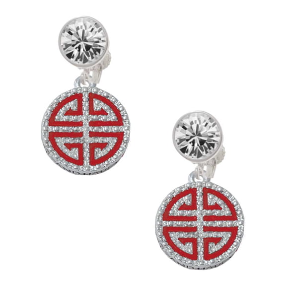 Silvertone Red Chinese Blessing Clear Crystal Clip On Earrings