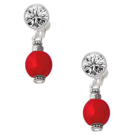 Silvertone Red Chinese Lantern with Clear Crystal Clear Crystal Clip On Earrings