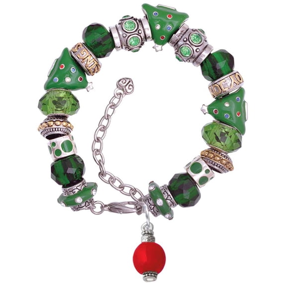 Silvertone Red Chinese Lantern with Clear Crystal Green Christmas Bead Bracelet