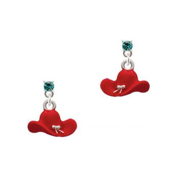 Silvertone Red Cowboy Hat Teal Crystal Post Earrings