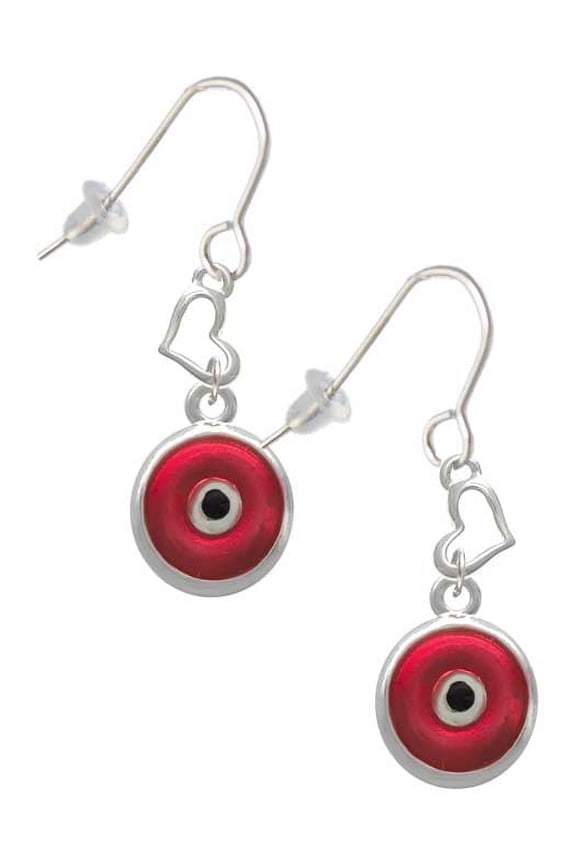 Silvertone Red Evil Eye Good Luck Heart French Earrings