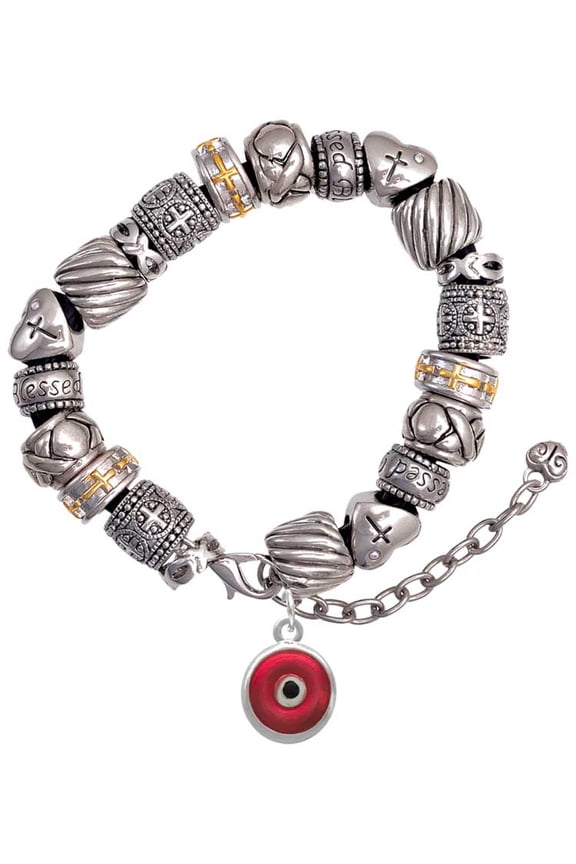 Silvertone Red Evil Eye Good Luck Silver Tone Christian Bead Bracelet