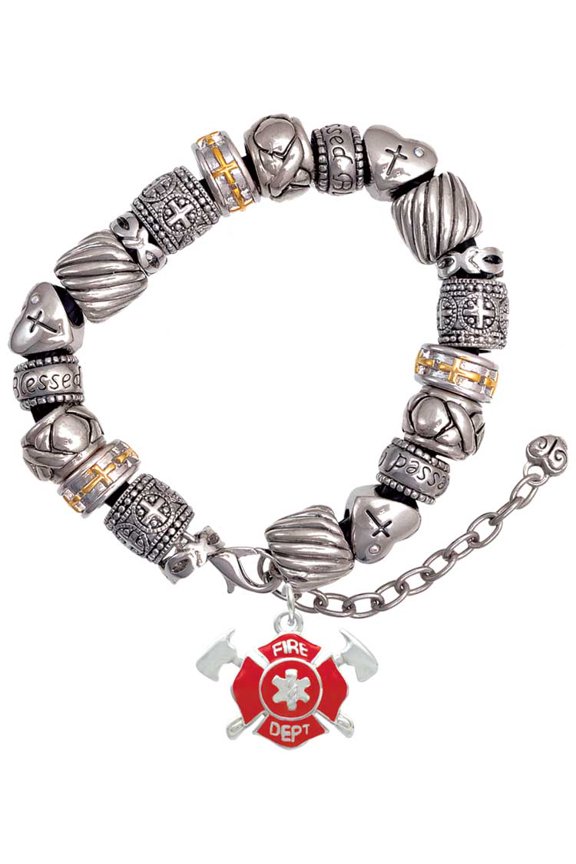 Silvertone Red Fire Department Shield with Axes Silver Tone Christian Bead Bracelet