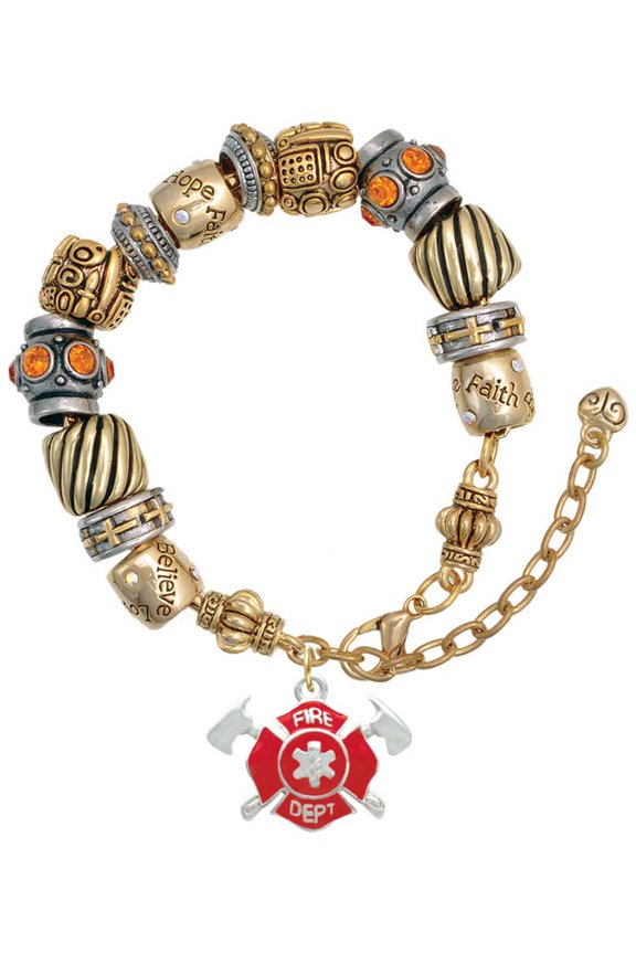 Silvertone Red Fire Department Shield with Axes Two Tone Christian Bead Bracelet