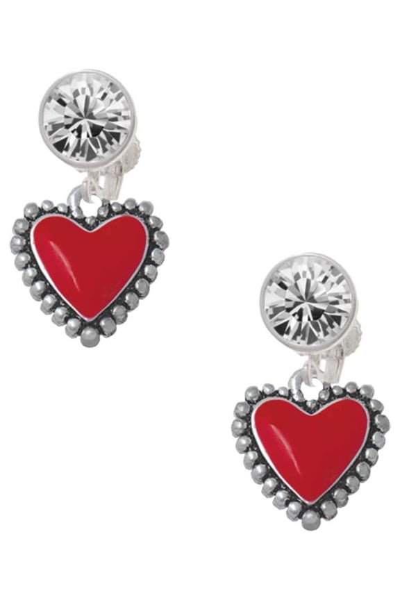 Silvertone Red Heart with Beaded Border Clear Crystal Clip On Earrings
