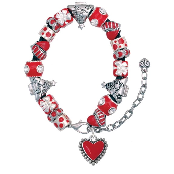 Silvertone Red Heart with Beaded Border Red Christmas Bead Bracelet