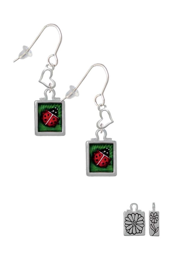 Silvertone Red Ladybug in Shadow Box Heart French Earrings