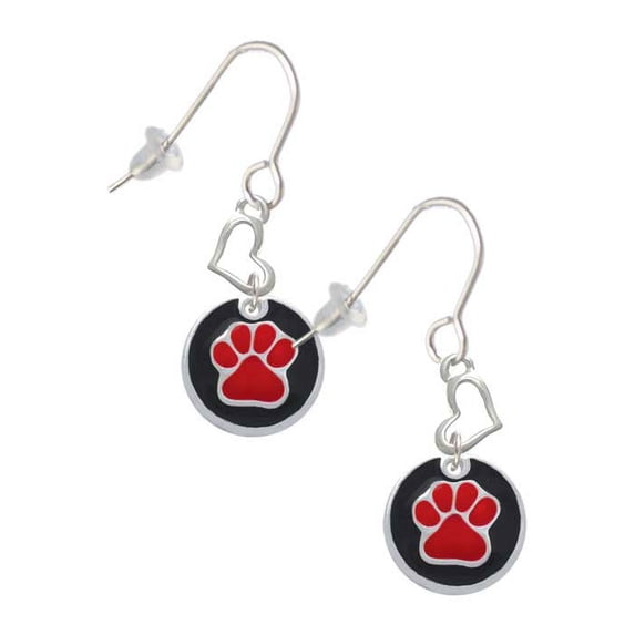Silvertone Red Paw on Black Disc Heart French Earrings