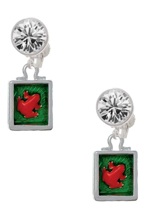 Silvertone Red Tree Frog in Shadow Box Clear Crystal Clip On Earrings