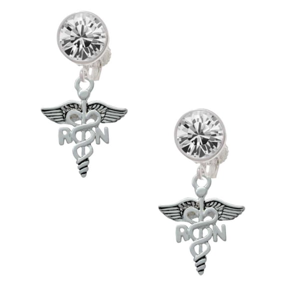 Silvertone Registered Nurse Caduceus Clear Crystal Clip On Earrings