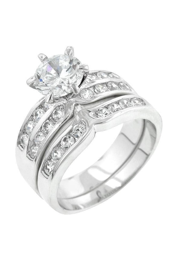 Silvertone Round-Cut Cubic Zirconia Engagement Ring Set