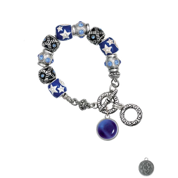 Silvertone Round - Imitation Cat's Eye - Blue - Blue Moon Bead Charm Bracelet