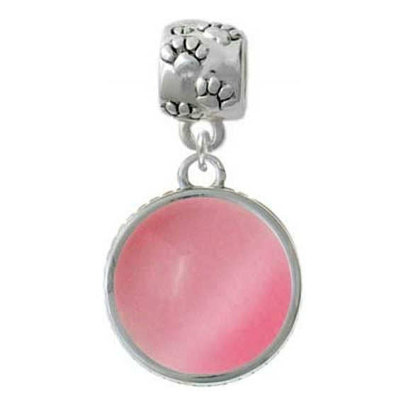 Silvertone Round - Imitation Cat's Eye - Pink - Paw Print Charm Bead