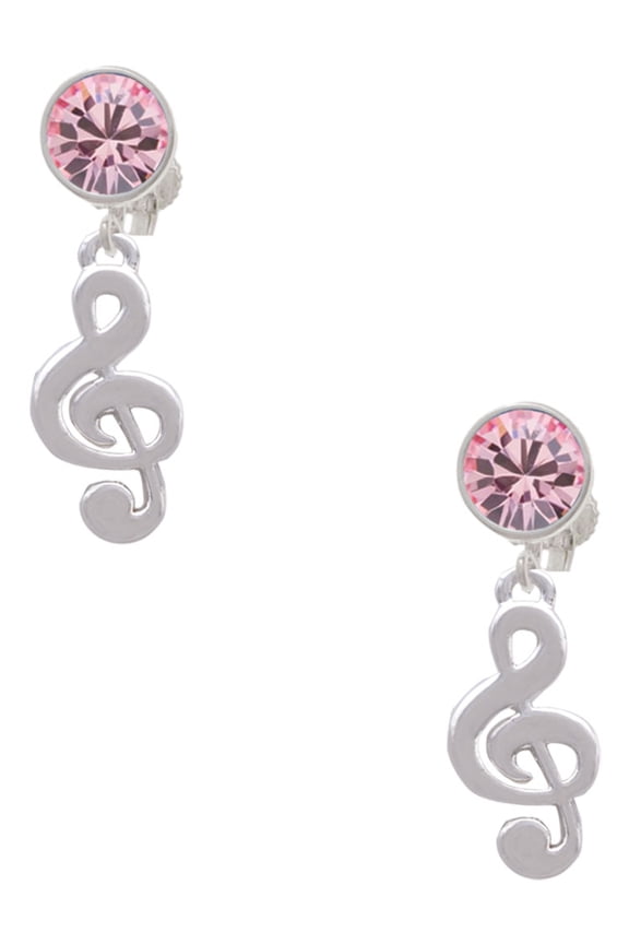 Silvertone Rounded Clef Pink Crystal Clip on Earrings