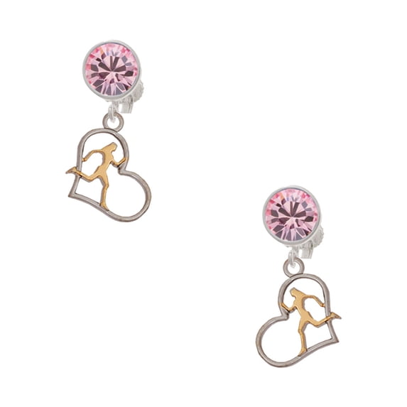 Delight Jewelry Silvertone Runner Silhouette in Heart Pink Crystal Clip on Earrings