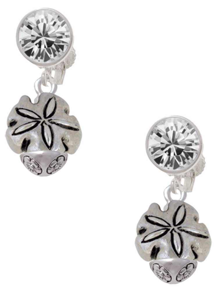 Silvertone Sand Dollar Spinner Clear Crystal Clip On Earrings