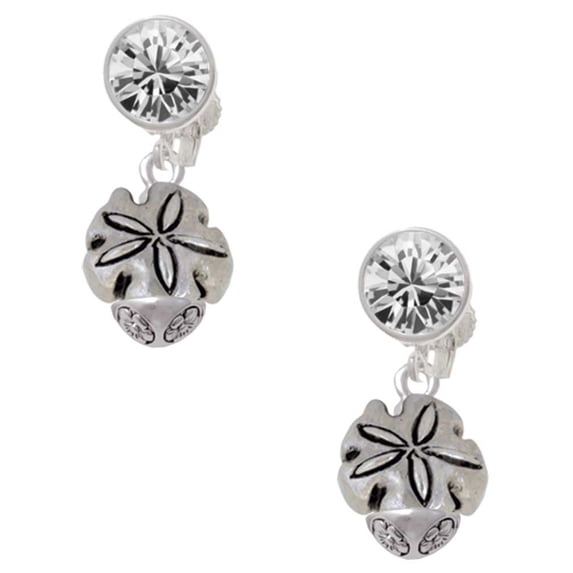 Silvertone Sand Dollar Spinner Clear Crystal Clip On Earrings