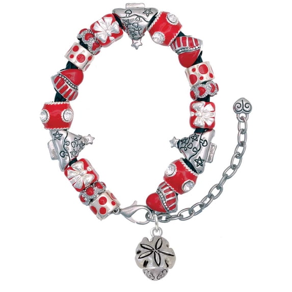 Silvertone Sand Dollar Spinner Red Christmas Bead Bracelet