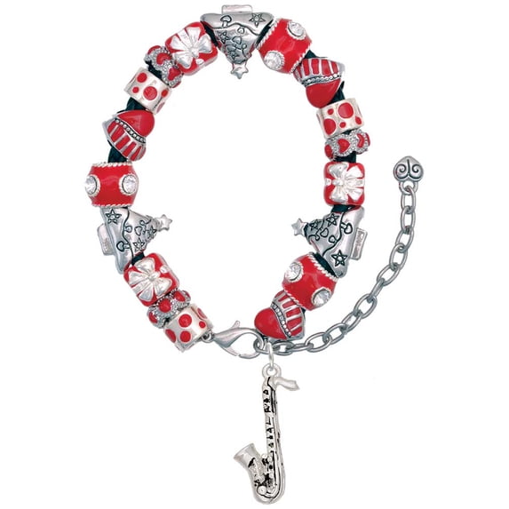Silvertone Saxophone Red Christmas Bead Bracelet