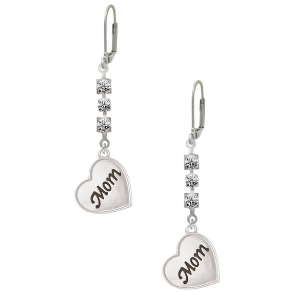 Silvertone Script Mom Heart Crystal Madison Leverback Earrings