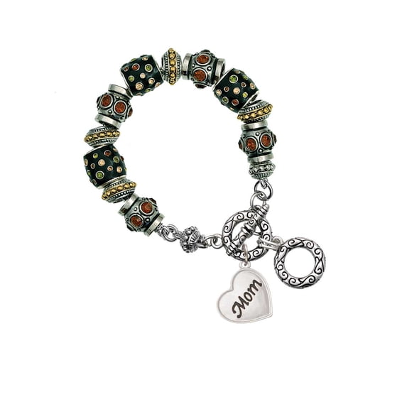 Silvertone Script Mom Heart Fall Crystal Bead Charm Bracelet