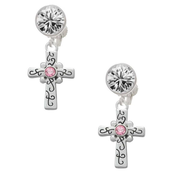 Silvertone Scroll Cross with Pink Crystal Clear Crystal Clip On Earrings