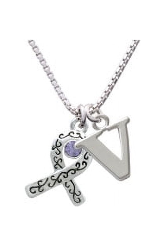Silvertone Scroll Ribbon with Lavender Crystal Capital Initial V Necklace
